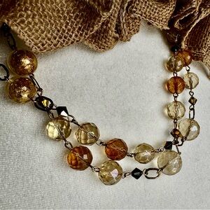Double Strand Faceted Glass Bead Necklace 21” Champagne Amber Bronze Gold Tone
